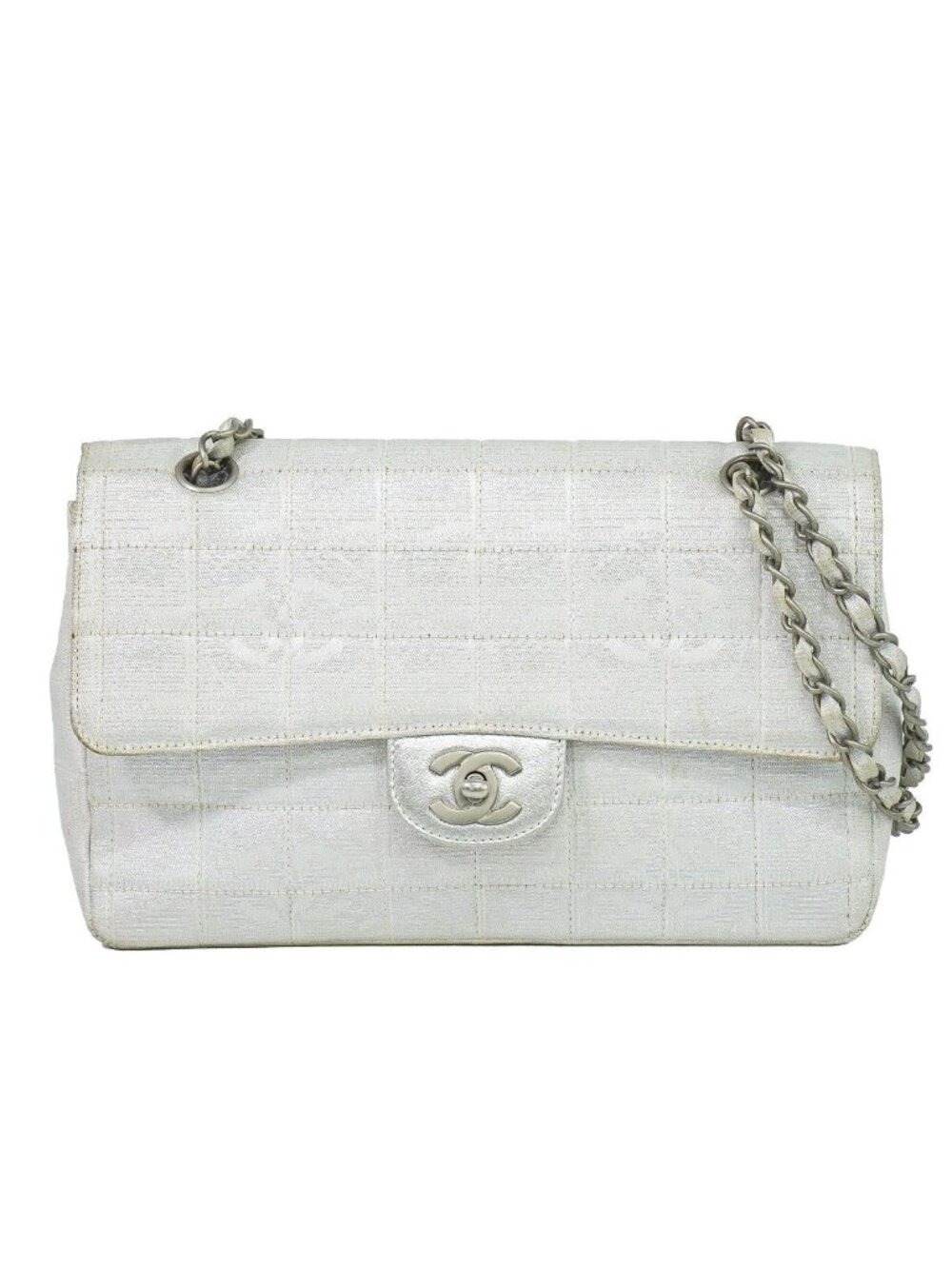 Chanel New Travel Line Choco Bar Chain Shoulder Bag Canvas Pearl White